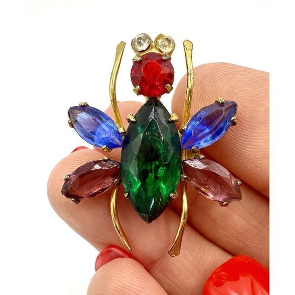 Vintage CORO Pegasus STERLING 925 Vermeil Rhinestone Cabochon Bug Insect Brooch - Picture 2 of 4